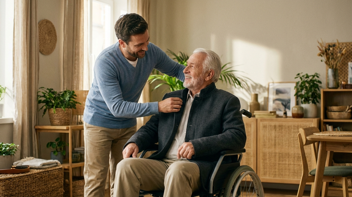 Ein freundlicher Pfleger hilft einem lächelnden Senior im Rollstuhl beim Anziehen einer modernen Jacke mit unsichtbaren Magnetverschlüssen. Die Szene wirkt harmonisch, würdevoll und entspannt.