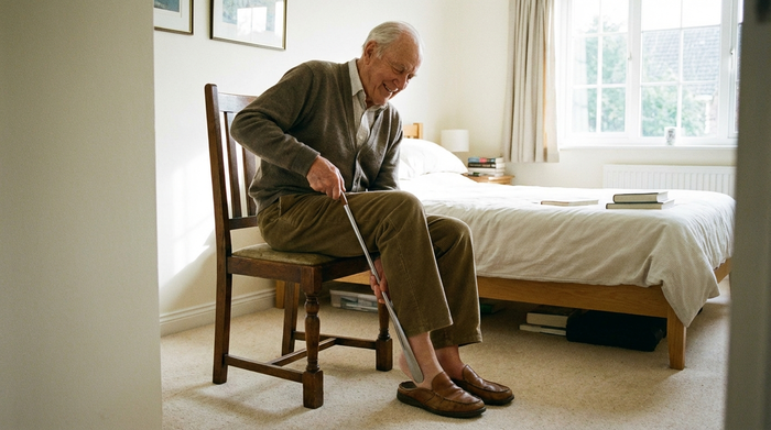 Ein älterer Herr nutzt entspannt einen langen Schuhlöffel aus Metall, um im Sitzen seine bequemen Slipper anzuziehen. Er sitzt auf einem stabilen Stuhl in einem aufgeräumten, hellen Schlafzimmer.