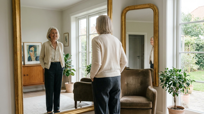 Eine stilvoll gekleidete Seniorin mit einer eleganten Strickjacke und einer schicken Stoffhose betrachtet sich zufrieden lächelnd in einem großen Wandspiegel. Das Zimmer ist hell und geschmackvoll eingerichtet.