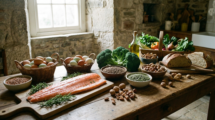 Ein rustikaler Holztisch mit einer Vielfalt an frischen, nährstoffreichen Lebensmitteln wie Lachs, Eiern, Linsen, frischem Brokkoli und Nüssen, sanftes Tageslicht.