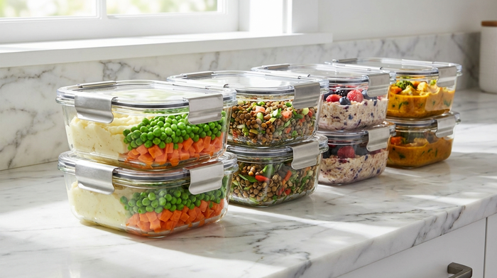 Mehrere hochwertige, transparente Glasbehälter mit Clip-Verschlüssen, gefüllt mit bunten Mahlzeiten wie Kartoffelpüree, Erbsen und Möhren, ordentlich auf einer weißen Marmor-Küchenzeile aufgereiht.