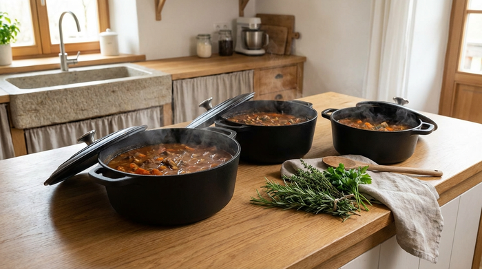 Eine saubere Küchenarbeitsfläche, auf der große Töpfe mit dampfendem Eintopf stehen, daneben liegen frische Kräuter und ein Holzlöffel bereit.