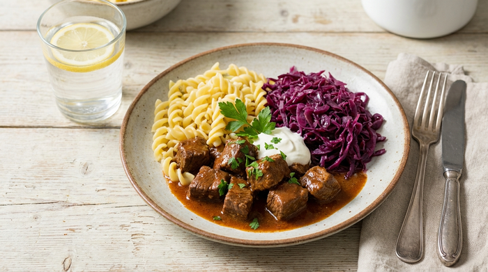 Ein appetitlich angerichteter Teller mit weichem Rindergulasch, Spiralnudeln und Apfelrotkohl, daneben ein Glas stilles Wasser, serviert auf einem hellen Holztisch.