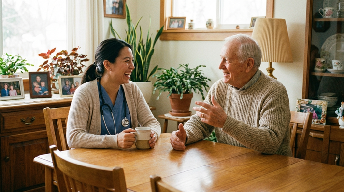 Eine liebevolle Szene, in der eine professionelle Pflegekraft und ein älterer Herr gemeinsam am Esstisch sitzen, Kaffee trinken und fröhlich miteinander plaudern, entspannte und warme Stimmung.