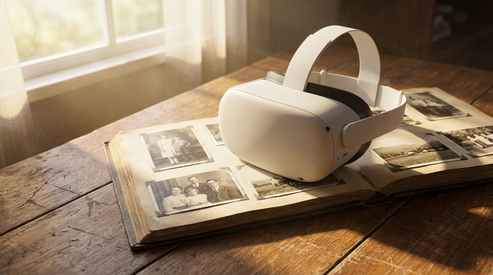 Eine Nahaufnahme einer modernen, weißen Standalone-VR-Brille, die auf einem aufgeschlagenen Fotoalbum mit alten Schwarz-Weiß-Fotografien auf einem Holztisch liegt. Sanftes Sonnenlicht fällt durch ein Fenster und beleuchtet die Szene.