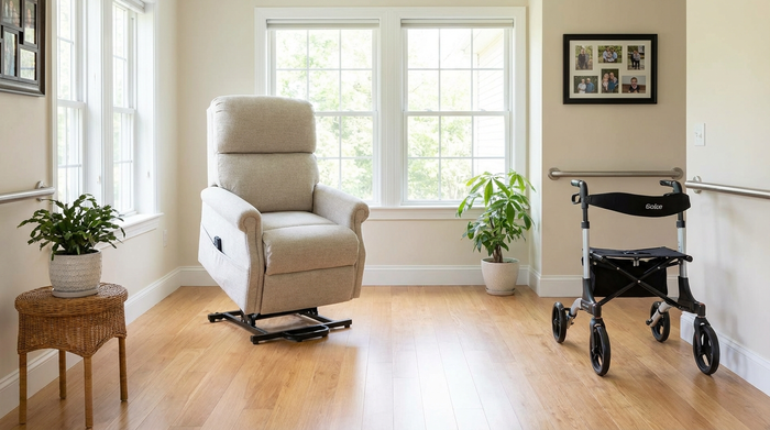 Ein ordentliches, helles Wohnzimmer, das sicher für Senioren eingerichtet ist. Ein bequemer Sessel steht im Zentrum, der Boden davor ist komplett frei von Stolperfallen wie Kabeln oder Teppichkanten. Ein Rollator parkt sicher an der Seite.