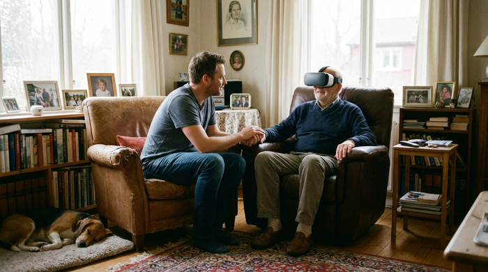 Ein einfühlsamer Moment in einem Wohnzimmer: Ein erwachsener Sohn hält sanft die Hand seines Vaters, der eine VR-Brille trägt. Der Vater wirkt entspannt und ruhig. Die Szene strahlt Geborgenheit und familiäre Verbundenheit aus.