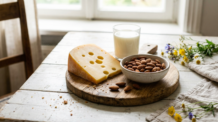 Ein rustikales Holzbrett mit einem Stück Emmentaler Käse, einer Schale Mandeln und einem Glas Milch auf einem hellen Esstisch. Tageslicht, scharfer Fokus auf die frischen Lebensmittel, fotorealistisch und einladend.