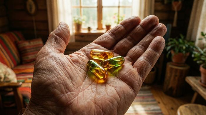 Eine Nahaufnahme von drei leuchtenden, durchsichtigen Kapseln in der geöffneten Handfläche einer älteren Person. Sanftes Morgenlicht im Hintergrund, warme und beruhigende Farben, sehr detailliert.