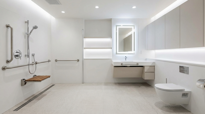 Ein modernes, barrierefreies Badezimmer mit einer ebenerdigen Dusche, eleganten Edelstahl-Haltegriffen an der Wand und hellen, rutschfesten Bodenfliesen. Sauber, sicher und hervorragend beleuchtet.