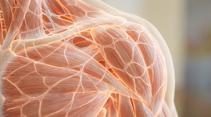 Eine makro-ähnliche, ästhetische Darstellung eines leuchtenden, spinnennetzartigen Gewebes, das Muskeln umhüllt, in sanften Orange- und Weißtönen. Sauberer Hintergrund, medizinisch-realistischer Stil ohne Beschriftungen oder Text.