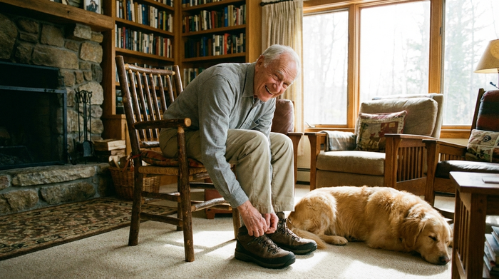 Ein älterer Herr beugt sich mühelos und mit einem Lächeln nach vorne, um seine Schuhe zu binden. Er sitzt auf einem stabilen Holzstuhl in einem gemütlichen Raum. Helles Tageslicht, positive und aktive Stimmung.