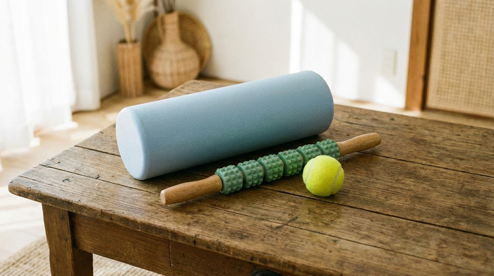 Verschiedene Faszien-Hilfsmittel auf einem Holztisch: eine weiche, hellblaue Faszienrolle, ein grüner Massage-Stick und ein gelber Tennisball. Klarer Fokus, aufgeräumte Umgebung, keine Etiketten oder Text im Bild.