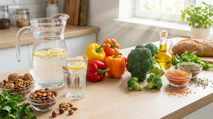 Ein ansprechendes Arrangement aus frischen Lebensmitteln auf einer hellen Küchenarbeitsplatte: ein großes Glas stilles Wasser, frische Paprika, Brokkoli, Nüsse und Linsen. Natürliches Licht, gesunde und frische Ausstrahlung.