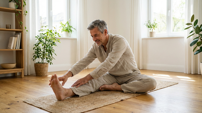 Ein Mann mittleren Alters macht sanfte Dehnübungen auf einer Yogamatte in einem aufgeräumten, sonnigen Zimmer. Entspannte Körperhaltung, natürliche Beleuchtung, keine störenden Elemente.