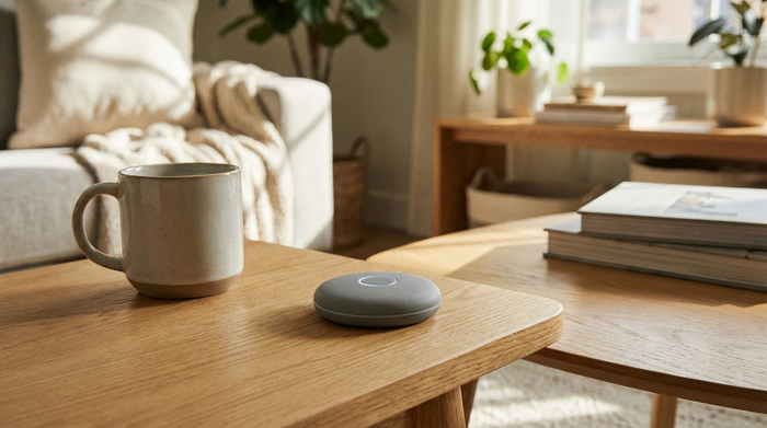 Ein moderner, unauffälliger Hausnotruf-Knopf liegt auf einem hellen Holztisch neben einer Kaffeetasse. Gemütliche, sichere Wohnatmosphäre, hell und freundlich, sehr realistische Darstellung.