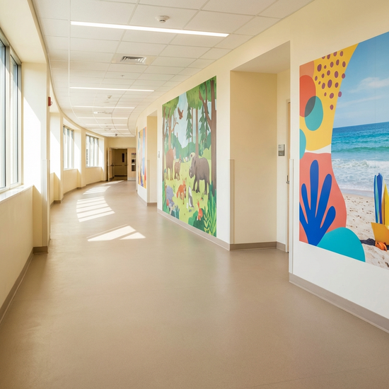 Ein breiter, heller Flur ohne Schwellen, der in einem leichten Bogen verläuft. An den Wänden hängen farbenfrohe Bilder zur Orientierung, der Bodenbelag ist matt und rutschfest.