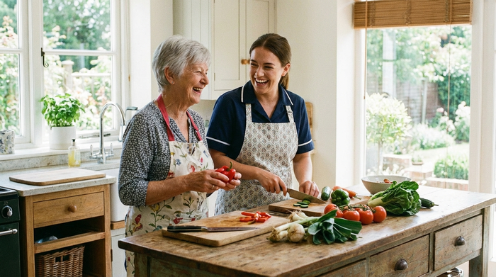 Eine ältere Dame mit silbergrauem Haar schneidet gemeinsam mit einer jüngeren Betreuerin frisches Gemüse an einer Kücheninsel. Beide tragen Schürzen und lachen entspannt miteinander.