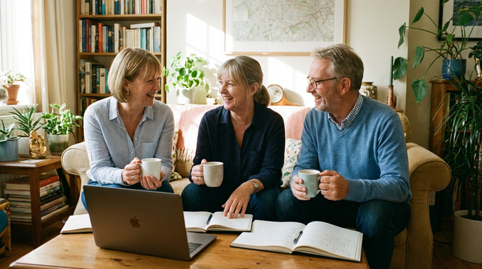 Drei Erwachsene mittleren Alters sitzen mit Kaffeetassen in einem gemütlichen Wohnzimmer zusammen und besprechen entspannt organisatorische Dinge. Sie wirken engagiert und freundlich.