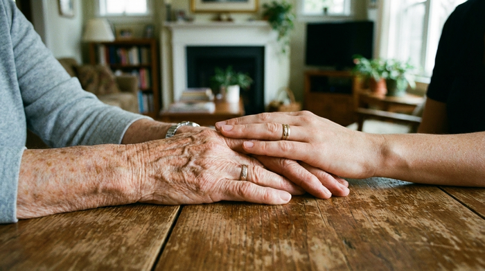 Eine detaillierte Nahaufnahme von älteren Händen, die sanft auf einem hölzernen Tisch ruhen, während eine jüngere Hand beruhigend darauf liegt. Im Hintergrund ist unscharf ein gemütliches Wohnzimmer zu erkennen.