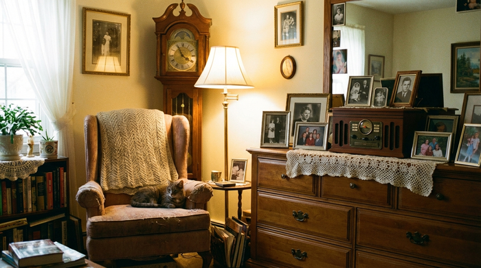 Ein liebevoll eingerichtetes Seniorenzimmer mit einem bequemen Ohrensessel, einer alten Standuhr und gerahmten Familienfotos auf einer Kommode. Warme Beleuchtung sorgt für Gemütlichkeit.