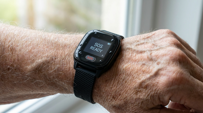 Nahaufnahme eines modernen, wasserdichten Hausnotruf-Senders, der wie eine elegante schwarze Armbanduhr aussieht, getragen am Handgelenk eines Senioren. Sanftes Tageslicht.