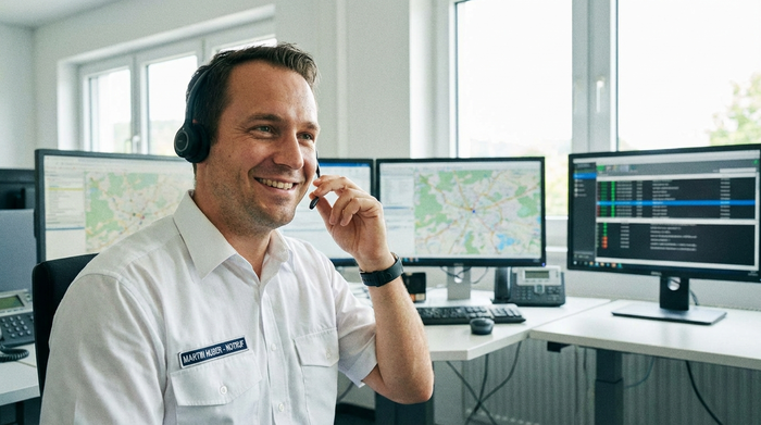 Ein freundlicher, professioneller Mitarbeiter einer Notrufzentrale mit Headset sitzt an einem aufgeräumten, hellen Arbeitsplatz und spricht beruhigend. Fokus auf das Gesicht und die empathische Ausstrahlung.