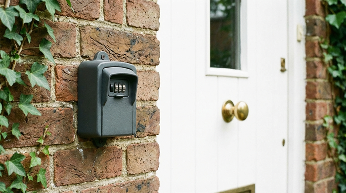 Ein unauffälliger, massiver kleiner Schlüsseltresor aus Metall, der sicher an einer sauberen Hauswand aus Backstein neben einer weißen Haustür montiert ist.