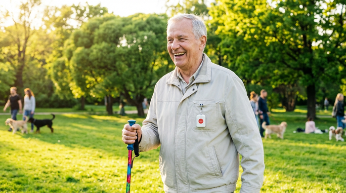 Ein aktiver Senior spaziert fröhlich mit einem Gehstock durch einen sonnigen, grünen Park, während er ein kleines mobiles Notrufgerät sicher an der Jacke befestigt hat.