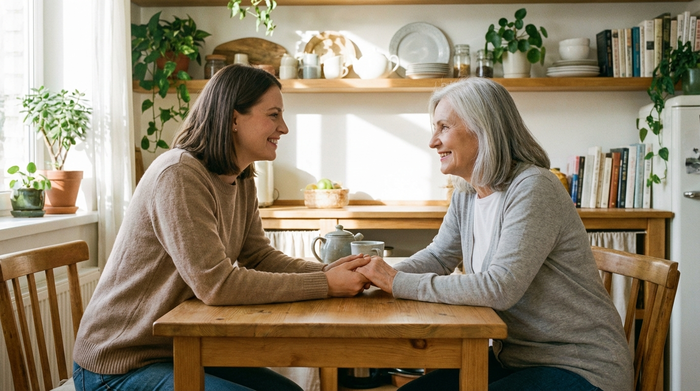 Eine erwachsene Tochter und ihre ältere Mutter sitzen vertraut am Küchentisch, halten sich an den Händen und lächeln sich liebevoll an. Helle, harmonische Umgebung.