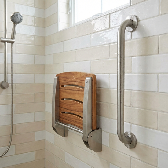 Ein hochklappbarer, ergonomischer Duschsitz, der fest an einer hell gefliesten Badezimmerwand montiert ist. Daneben befindet sich ein robuster, vertikaler Haltegriff aus gebürstetem Edelstahl.