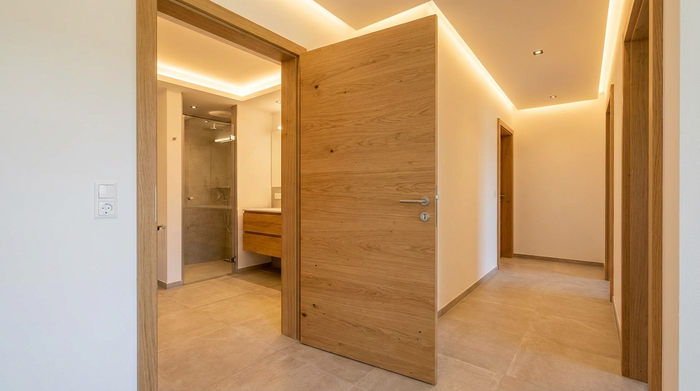 Eine breite Badezimmertür aus hellem Holz, die sich nach außen in den Flur öffnet. Der Übergang vom Flur ins Badezimmer ist komplett schwellenlos. Eine warme LED-Deckenbeleuchtung erhellt den Raum schattenfrei.