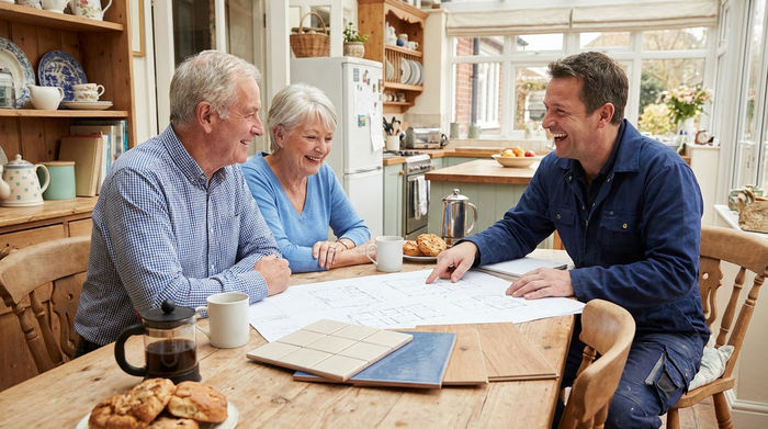 Ein älteres Ehepaar sitzt entspannt an einem Holztisch und bespricht mit einem freundlichen Handwerker in Arbeitskleidung die Baupläne für ein neues Badezimmer. Auf dem Tisch liegen Grundrisse und Materialmuster für Fliesen.