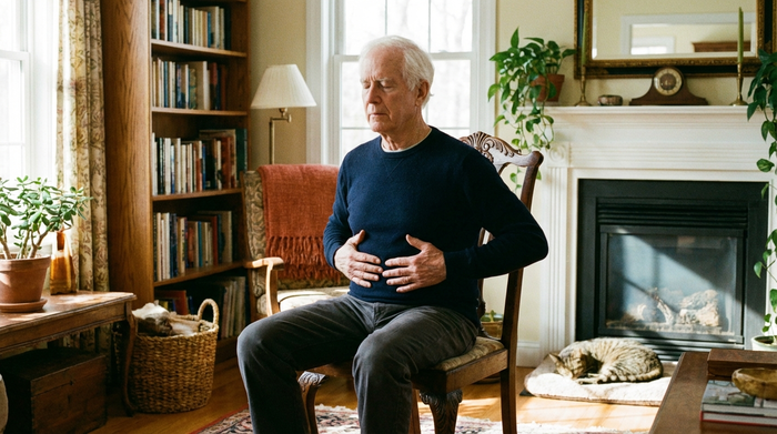 Ein älterer Herr sitzt aufrecht auf einem Holzstuhl in einem gemütlichen Wohnzimmer und hält beide Hände flach auf seinen Bauch, um die Zwerchfellatmung zu üben. Ruhige und konzentrierte Stimmung.