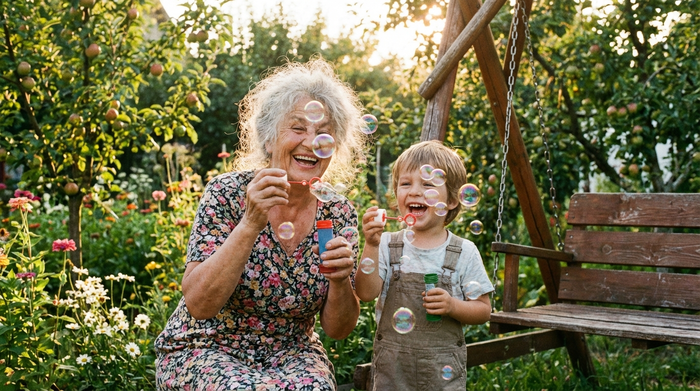 Eine lachende Großmutter pustet gemeinsam mit ihrem Enkelkind schillernde Seifenblasen im sonnigen Garten. Beide haben sichtlich Spaß an der gemeinsamen Aktivität im Grünen.