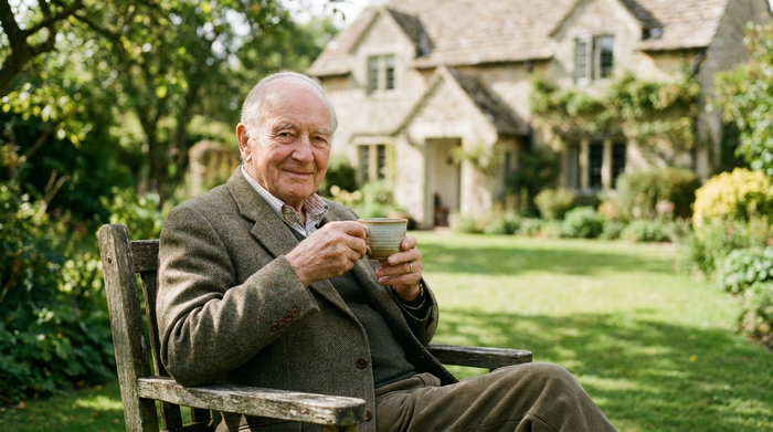 Ein älterer Herr lächelt entspannt, während er im Garten eine Tasse Tee trinkt. Im Hintergrund verschwommen ein gepflegtes Haus. Die Szene strahlt Sicherheit und Geborgenheit aus.