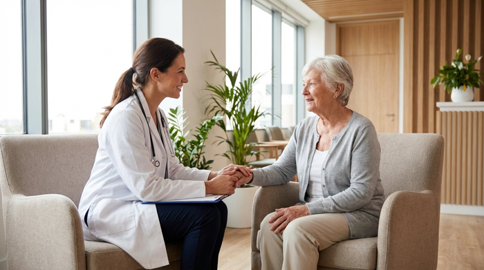 Eine einfühlsame Ärztin im weißen Kittel spricht in einer modernen, hellen Praxis beruhigend mit einer Seniorin. Beide sitzen sich zugewandt in bequemen Sesseln gegenüber.