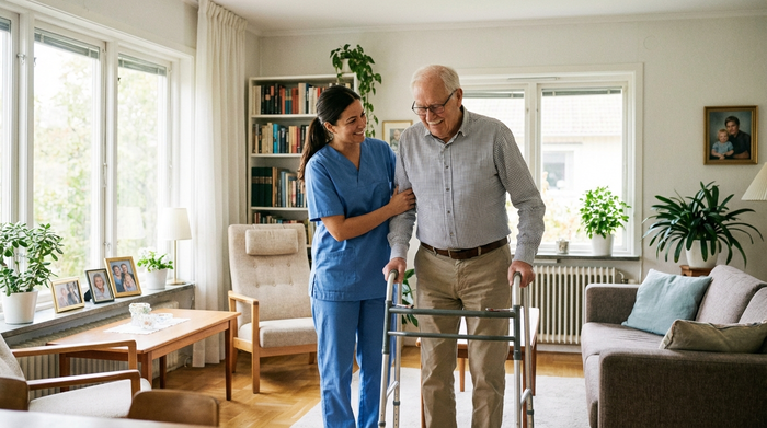 Eine professionelle Pflegekraft in blauer Berufskleidung hilft einem älteren Mann liebevoll beim Gehen im heimischen Wohnzimmer. Helles Licht, aufgeräumte und freundliche Umgebung.