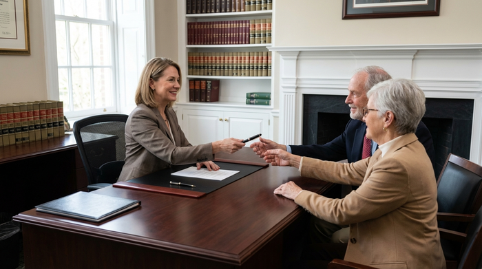 Eine elegante Notarin sitzt an einem großen, aufgeräumten Schreibtisch aus dunklem Holz und reicht einem älteren Ehepaar einen edlen Füllfederhalter. Professionelle, vertrauensvolle Büroatmosphäre.