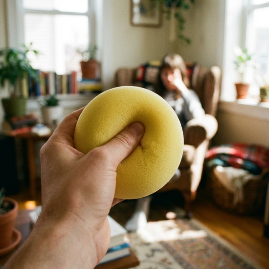 Eine Person knetet konzentriert einen weichen, gelben Schaumstoffball in der Hand. Heller Raum, gemütliches Wohnzimmer im Hintergrund, Fokus auf die greifende Hand.