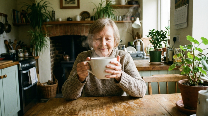 Eine ältere Frau umfasst eine große weiße Kaffeetasse mit beiden Händen. Gemütliche Küchenatmosphäre, dampfender Kaffee, entspannter und zufriedener Gesichtsausdruck.