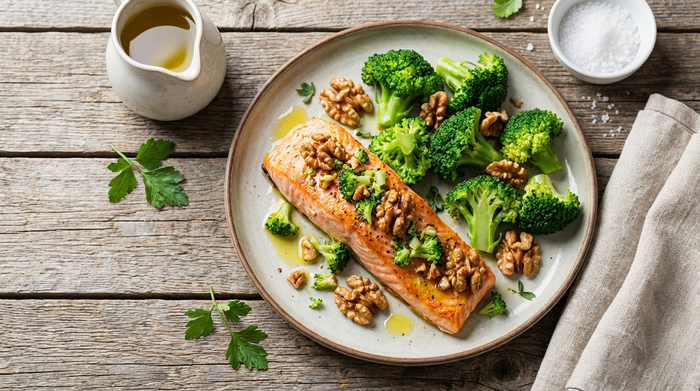Ein rustikaler Holztisch mit einer gesunden Mahlzeit: Ein frisches Lachsfilet, garniert mit Walnüssen, Brokkoli und einem Schuss Öl. Appetitliche Food-Fotografie, leuchtende Farben.