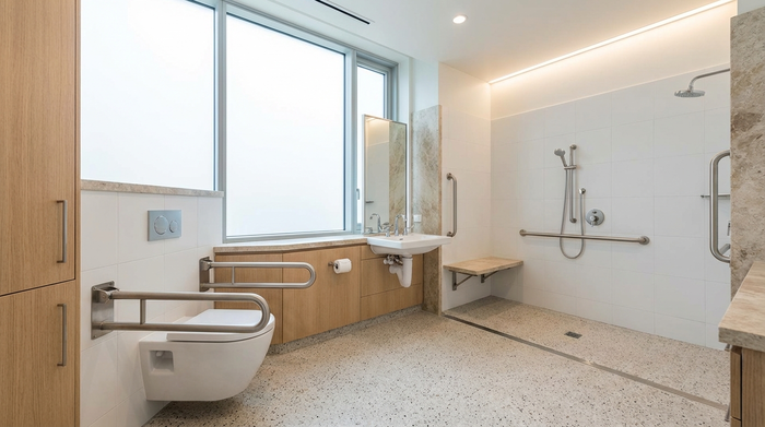 Eine moderne, barrierefreie Toilette mit Haltegriffen an den Wänden in einem hellen Badezimmer. Alles ist sauber, sicher und gut beleuchtet.