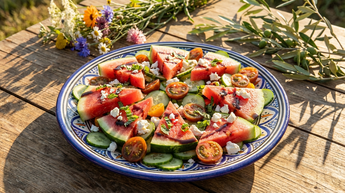 Ein ansprechend angerichteter Teller mit frisch aufgeschnittener, saftiger Wassermelone, Gurkenscheiben und kleinen Tomaten auf einem rustikalen Holztisch in der Sommersonne.