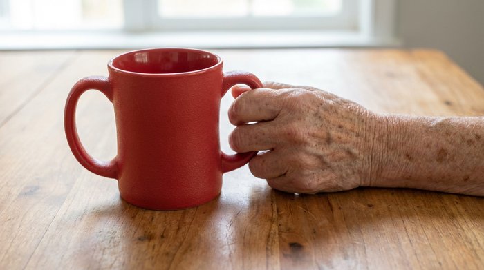 Ein ergonomischer, roter Zwei-Henkel-Becher steht auf einem sauberen Holztisch. Eine ältere Hand greift sicher und entspannt nach einem der großen Griffe.