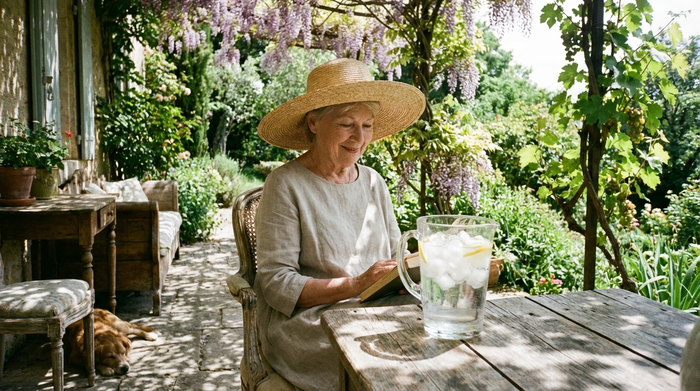 Eine ältere Frau mit Sonnenhut sitzt auf einer schattigen Terrasse im Garten. Vor ihr auf dem Tisch steht ein großes Glas Wasser mit Eiswürfeln.