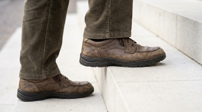 Nahaufnahme der Beine einer älteren Person in festen, komfortablen Schuhen, die bewusst und sicher eine Treppenstufe betritt. Fokus auf den stabilen Stand und die korrekte Fußplatzierung auf der sauberen, hellen Stufe.