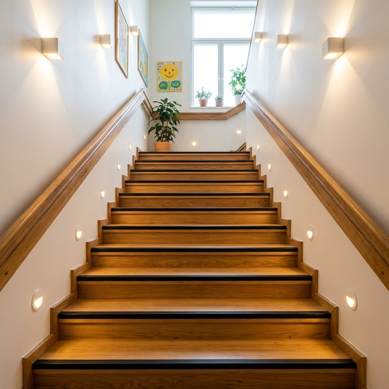 Ein sehr gut beleuchtetes, freundliches Treppenhaus mit hellen LED-Leuchten an den Wänden. Die Treppe verfügt auf beiden Seiten über einen stabilen Holzhandlauf und deutliche, kontrastreiche Markierungen an den vorderen Stufenkanten.
