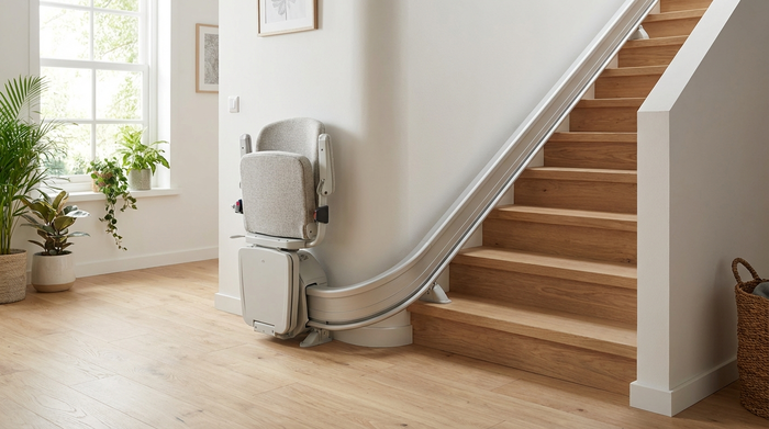 Ein moderner, eleganter Sitzlift, der an der Wandseite einer geschwungenen Treppe in einem gemütlichen Einfamilienhaus installiert ist. Der Sitz ist gepolstert, hochgeklappt und fügt sich harmonisch in das helle Wohnambiente ein.
