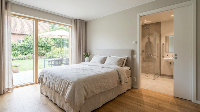 Ein helles, barrierefreies Schlafzimmer im Erdgeschoss eines Hauses mit einem bequemen Bett, großen Fenstern und einem direkten, stufenlosen Zugang zu einem modernen, altersgerechten Badezimmer.